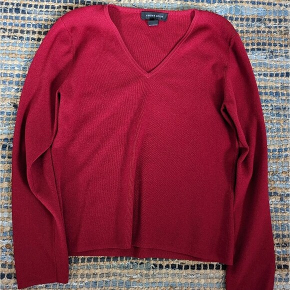 Sweater V-neck M Nylon Red Basic L/S Office Siren Elegant Romantic Stretch - Picture 2 of 6